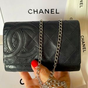 Chanel Black Quilted Leather Wallet On A Chain